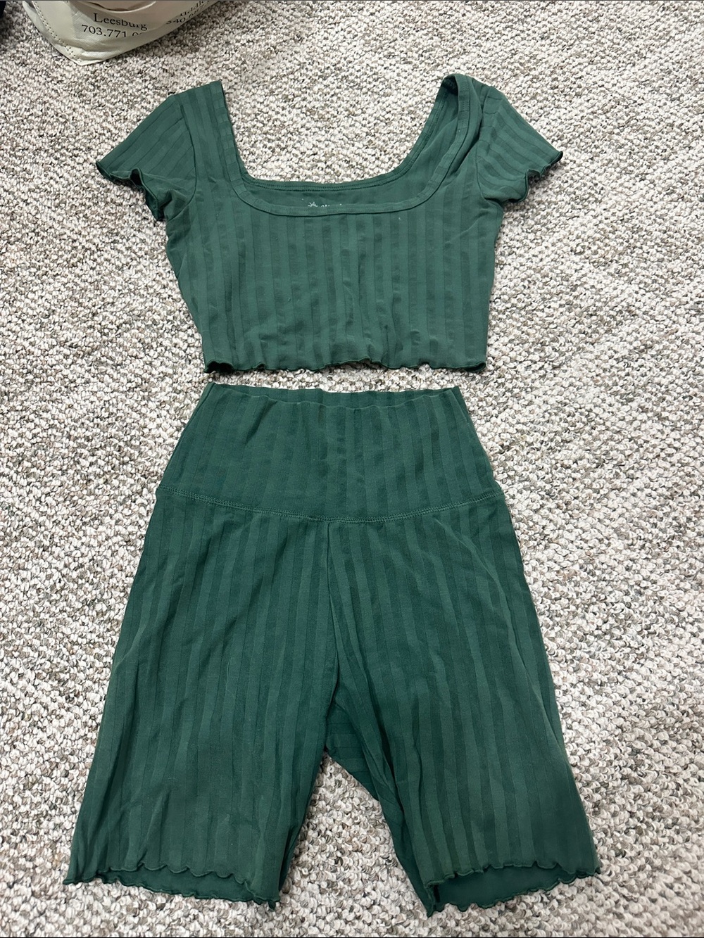 aerie Dark Green Ribbed Crop Top with High-Waist Biker Shorts set